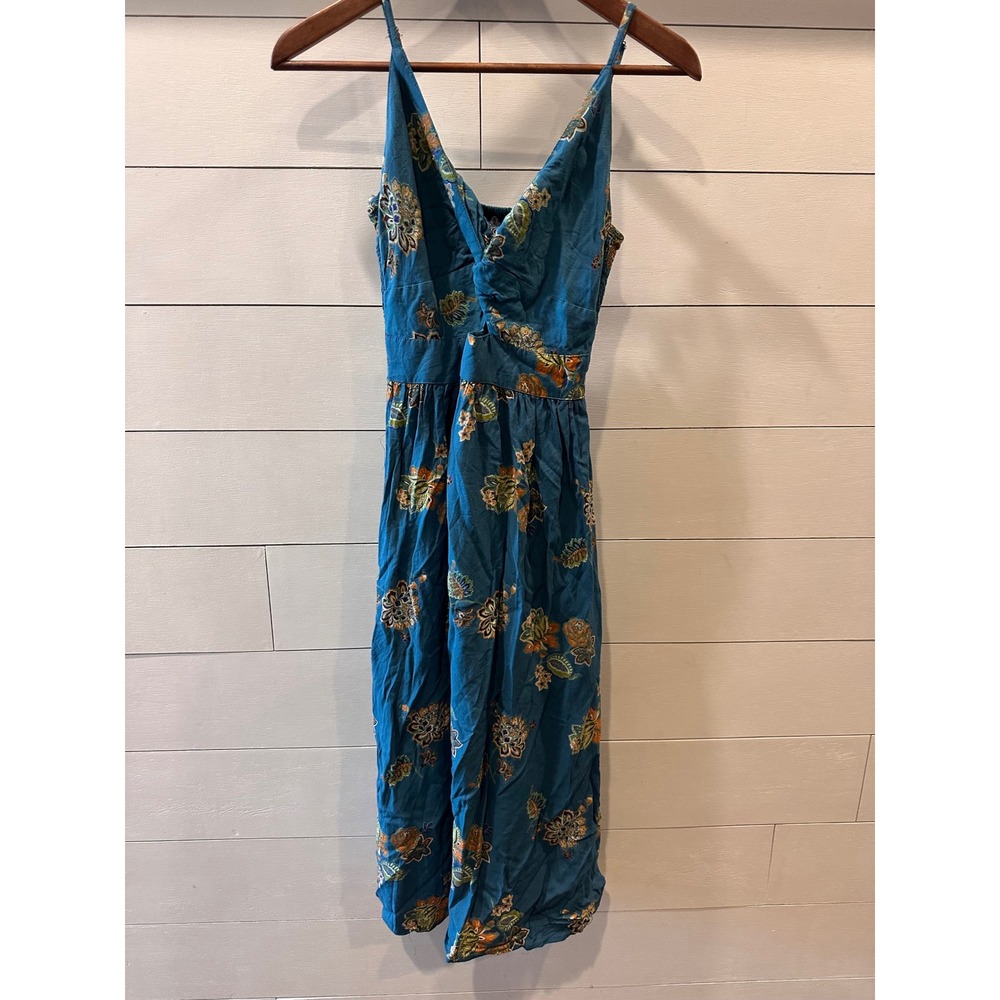 Angie Teal Floral Boho Midi Dress Cut Out Smocked Back Side Slit Small